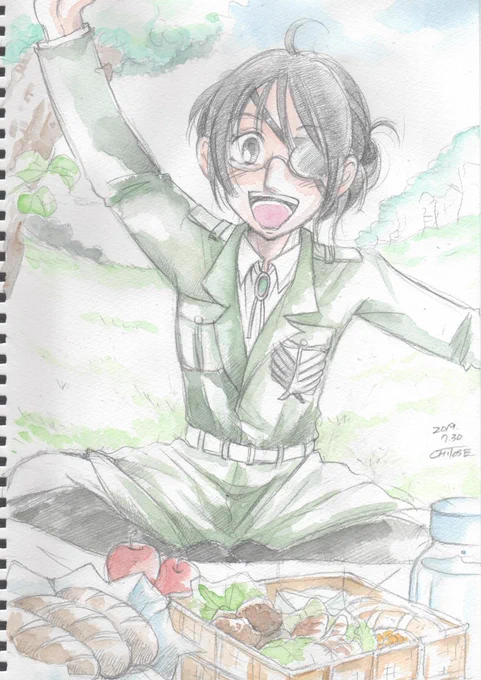#ハンジ版お絵描き60分1本勝負
『おべんとう』2019.7.30 20:30～21:40

「ここだよ～!ヾ([ ∂ ]∇ [ ■])  ノ」

・鉛筆画 ささっと水彩(^^;) 