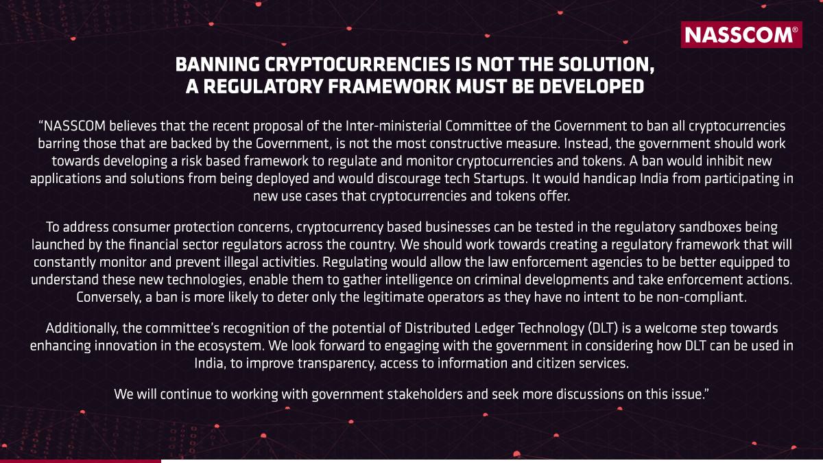 We believe that banning #cryptocurrencies is not the solution, a risk based framework must be developed to regulate and monitor cryptocurrencies and tokens.

#Cryptocurrency <a href="/debjani_ghosh_/">debjani ghosh</a> <a href="/keshav_murugesh/">Keshav R Murugesh</a>