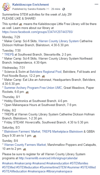 KaleidoscopeSci's tweet photo. Summertime STEM activities for the week of July 29! If you're in the Northwest NJ area PLEASE LIKE & RT!
#makers #makered #STEM #STEAM #STEMed #STEMed #STEMsmiles #summer #makercamp #SummertimeSTEM https://t.co/OCIsIRJNC0