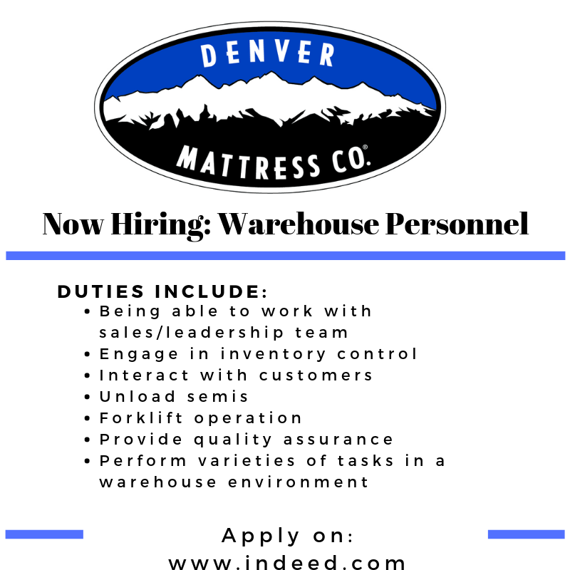 Full/Part Time Positions
Denver Mattress Co.

Apply on indeed.com

#HireAHawk #jobposting #PromotingSuccess