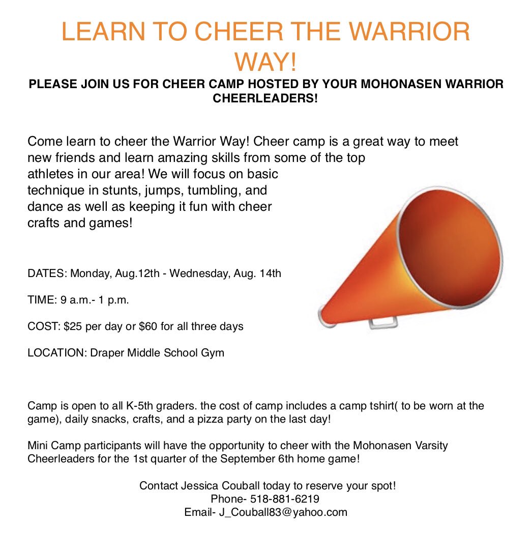 🧡🖤 Come one Come All 🧡🖤

            Learn to Cheer the Warrior Way! 📣

Spots are filling up fast, grab a friend and get registered TODAY!