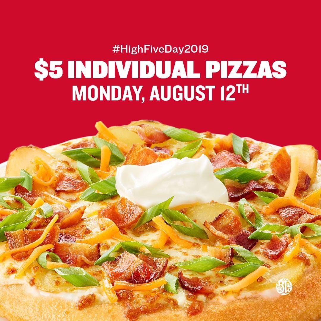 $5 Individual Pizzas!!! 👌🙌 Monday, August 12th is High Five Day at Boston Pizza! We’re saying THANK YOU to our amazing guests with $5 gourmet individual pizzas!! Save the date, and visit us to get your pizza on!! #HighFiveDay #pizza #bostonpizza #fivedollarpizza #deal #ldnont