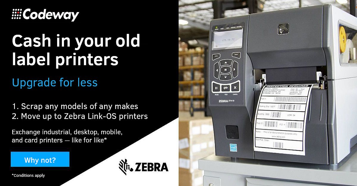 Codeway's tweet image. Are your old label printers still running? Now you can swap for the latest models at a discount. Save £00s/000s. codeway.biz/ls/zptu19.
