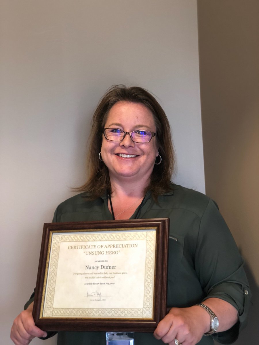 Congratulations to Nancy Dufner for being selected as 1 of 2 Unsung Heroes for the month of July! Nancy is always willing to take on new work as needed and never complaints about the extra work. She is always upbeat and  is awesome at problem solving.  
Way to go Nancy!!