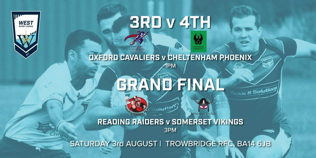 This coming Saturday sees the West of England Finals come to Trowbridge RFC's Doric Park. <a href="/OxfordCavaliers/">Oxford Cavaliers RL</a> take on <a href="/cheltphoenix/">Cheltenham Phoenix</a> at 1pm followed by <a href="/ReadingRRLFC/">Reading Raiders RLFC</a> v <a href="/SomersetVikings/">Somerset Vikings</a> in the Grand Final at 3pm.

#rugbyleague #West #England
