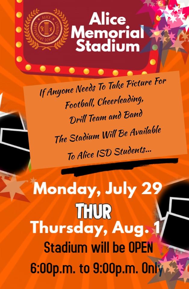 Alice ISD Memorial Stadium will open this evening for photos from 6 to 9 p.m. Get those pictures in for the Alice Coyote Football Program. #weareAliceISD