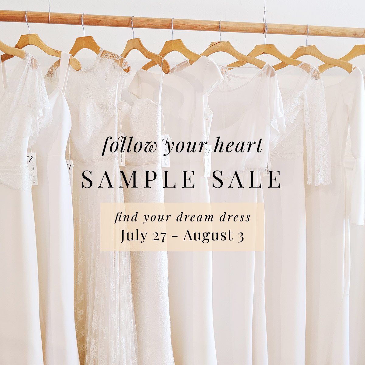 Calling all brides-to-be! Our BEST &amp; LAST sample sale is happening now thru 8/3. 
No appointments necessary during these hours:
7/31, 12-8pm
8/2, 10-6pm
8/3, 10-6pm  
We’ll help you find your dream dress on a first come, first served basis.