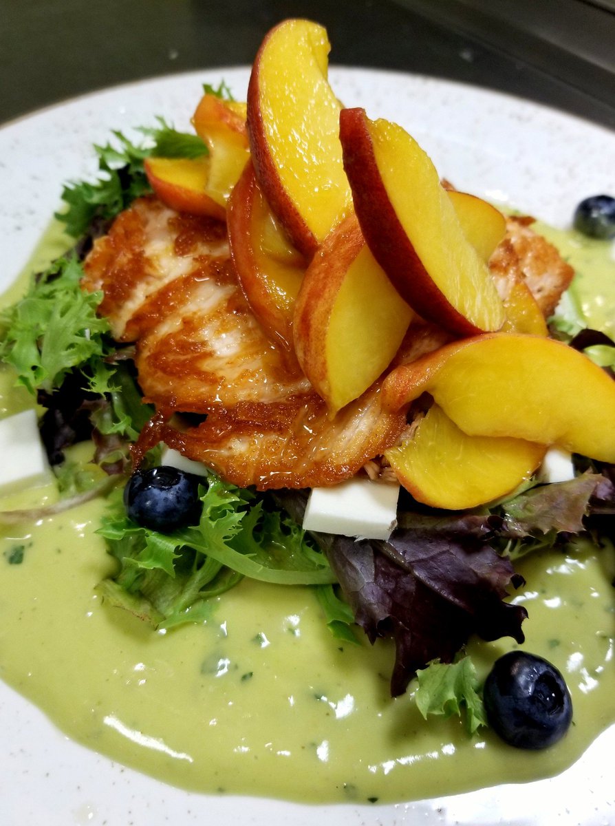 Today - Pan Seared Skuna Bay Salmon, Baby Greens, Blueberries, Fresh Mozzarella, Bourbon Glazed Palisade Peaches and Garden Mint Avocado Dressing... summer's fresh &amp; colorful flavors on a plate!