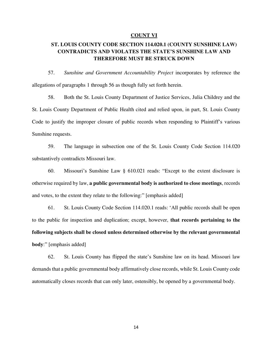 MarkPedroli's tweet photo. 🚨Today, I filed a lawsuit seeking to strike-down STL County's "Secrecy Code". The aberrant secrecy code clearly contradicts state law and perpetuates a regime of secrecy and lack of accountability. 

Elected officials should join me in this fight. 

🔽🔽 https://t.co/iwleFB1gIp