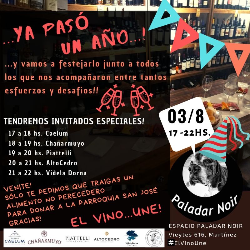 Ya pasó un año desde que abrimos nuestra vinoeca! Y lo celebramos con ganas. 5 bodegas en 5 turnos. 3 de agosto de 17-22 hs.  
<a href="/BodegaCaelum/">Bodega Caelum</a> <a href="/chanarmuyo/">Chañarmuyo</a> <a href="/PiattelliArg/">Piattelli Vineyards</a> <a href="/altocedro/">Bodega Altocedro</a> <a href="/VidelaDorna/">Bodega Videla Dorna</a> 
Aún hay cupos disponibles!!! #ElVinoUne