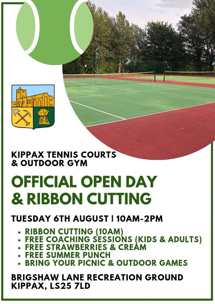 Excited to be celebrating our newly refurbished tennis courts with an Open Day and Ribbon Cutting on 6th August! Free coaching sessions and the obligatory strawberries and cream! 🎾 🍓 #Kippax #Tennis #TennisLeeds