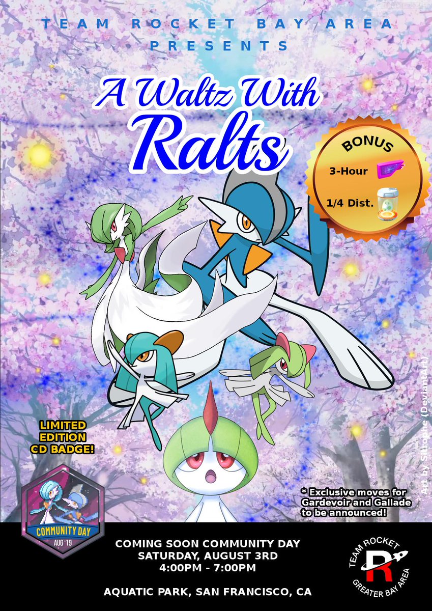TeamRocketBA's tweet photo. TR is hosting Ralts #PokemonGOCommunityDay on Saturday, 8/3 at SF Aquatic Park, 4PM-7PM. Look for our TR flag (at the bleachers) & find our #TeamRocketCD Event Staff to check you in for the @TheSilphRoad badge! Good luck catching shiny Ralts!! π https://t.co/QPHPaejqJC