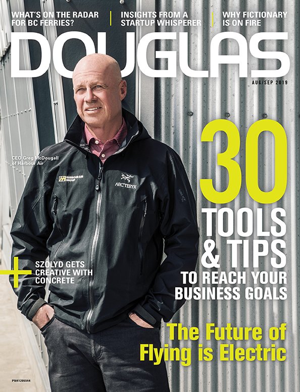 Douglasmagazine's tweet photo. Cover peek! The Douglas August/September issue is on stands this week! Featuring back to business tips for fall and how Harbour Air is taking on electric energy. #yyjbusiness #DouglasMagazine https://t.co/lFZBKf76fC