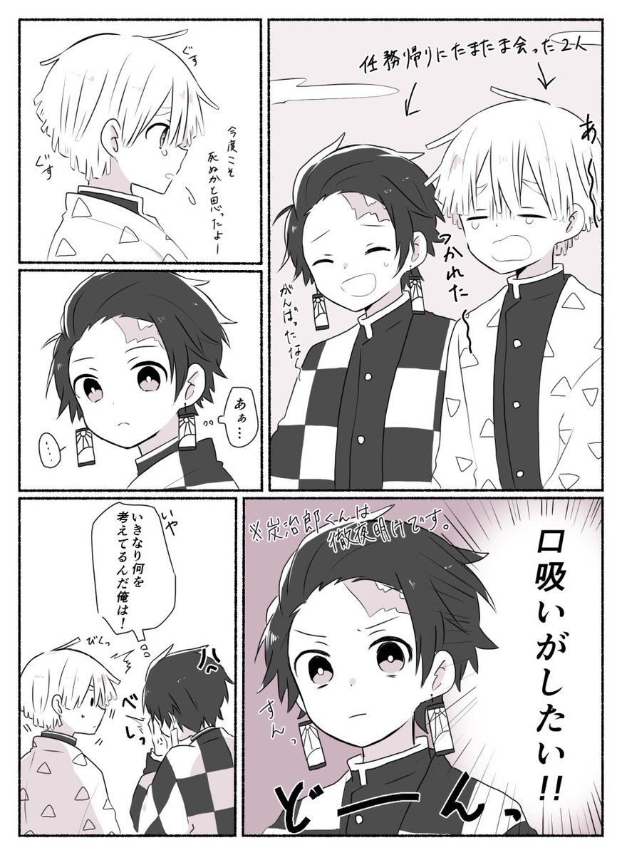 炭善がちゅーするだけの漫画
脳内が喧しいタイプのたんじろ〜くんが描けて楽しかったです(笑)
ちなみにこの2人は付き合いたてで手を繋いできゃっきゃしてるような時期のイメージで描いてます
炭善ちゅっちゅしてくれ😊😊 