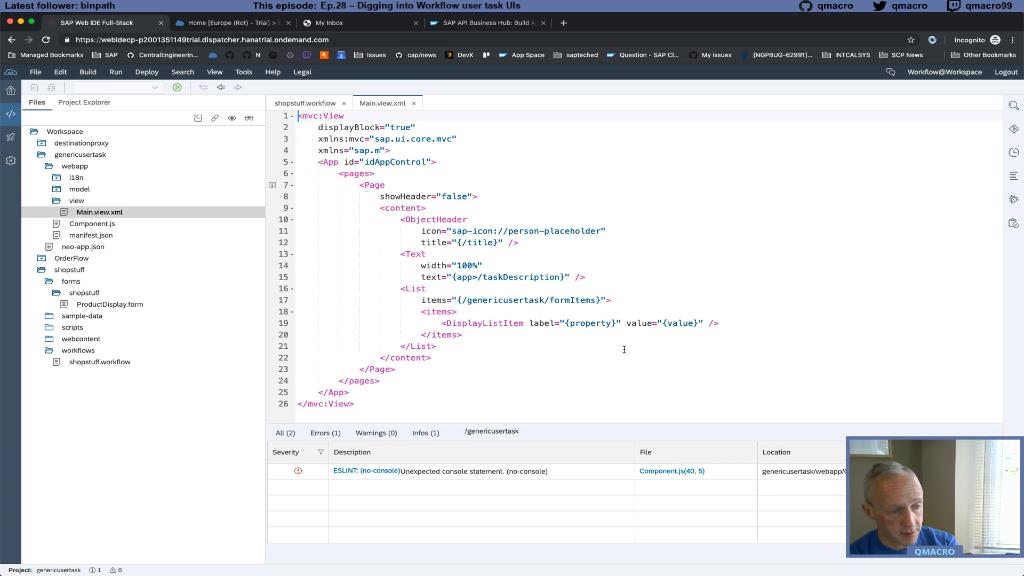 SAPCommunity's tweet photo. Watch this episode of 'Hands-on SAP Dev with @qmacro' and dig in a little deeper to user task UIs, looking at the Workflow API and task info, as well as the My Inbox API, to understand how the generic UI component actually works: https://t.co/8bVWfGy5Qj https://t.co/m7XxkU1Grr
