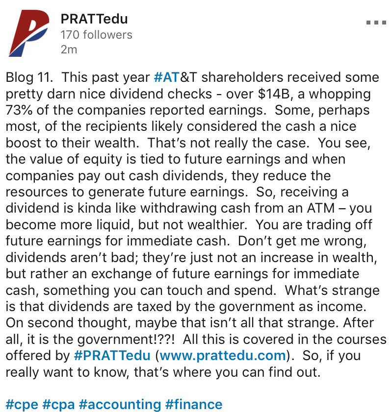 PRATTeducation's tweet photo. Is it time to party when you receive a dividend?  Maybe so; maybe no. See my Blog 11 below and visit #PRATTedu (https://t.co/0tvDfFJwHb) to learn more.
 
#cpe #cpa #accounting #finance https://t.co/TPnyanCtmX
