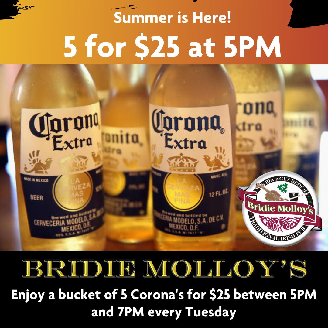 Happy hour starts at 4:30 PM and our 5 for $25 special on Corona's starts at 5PM! Join us for a cold beer at Bridie Molloy's Irish Pub on George St. tonight! #coldbeer #beer #georgest #downtownstjohns #stjohnsnl #georgestreet #bridiemolloys #bridies #pints #corona @GeorgeStLive