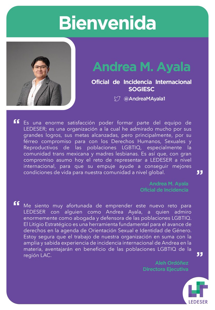 LEDESER_AC's tweet photo. Es un gran honor darle la bienvenida a @AndreaMAyala1 al equipo de LEDESER como Oficial de Incidencia Internacional SOGIESC. 🌎🏳️‍🌈
-
We are very happy to welcome Andrea Ayala to our team as the International SOGIESC Advocacy Official.🌎 🏳️‍🌈 
#LEDESER https://t.co/V2mF2Uu6Y3
