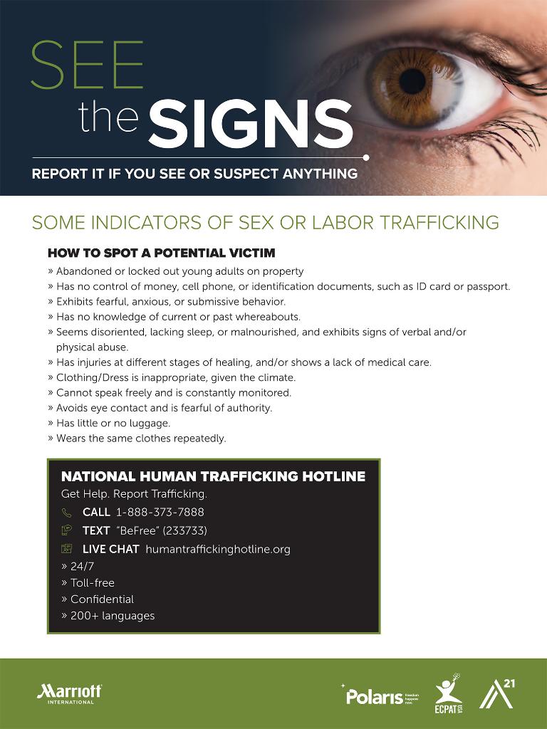 MarriottIntl's tweet photo. On World Day Against Trafficking in Persons, Marriott International is proud to launch human trafficking awareness posters for guests and community members with the national hotlines for the U.S. and Canada. #EndHumanTrafficking #Serve360 https://t.co/pb9cYqfEAI https://t.co/8gKZ2ZcY9f