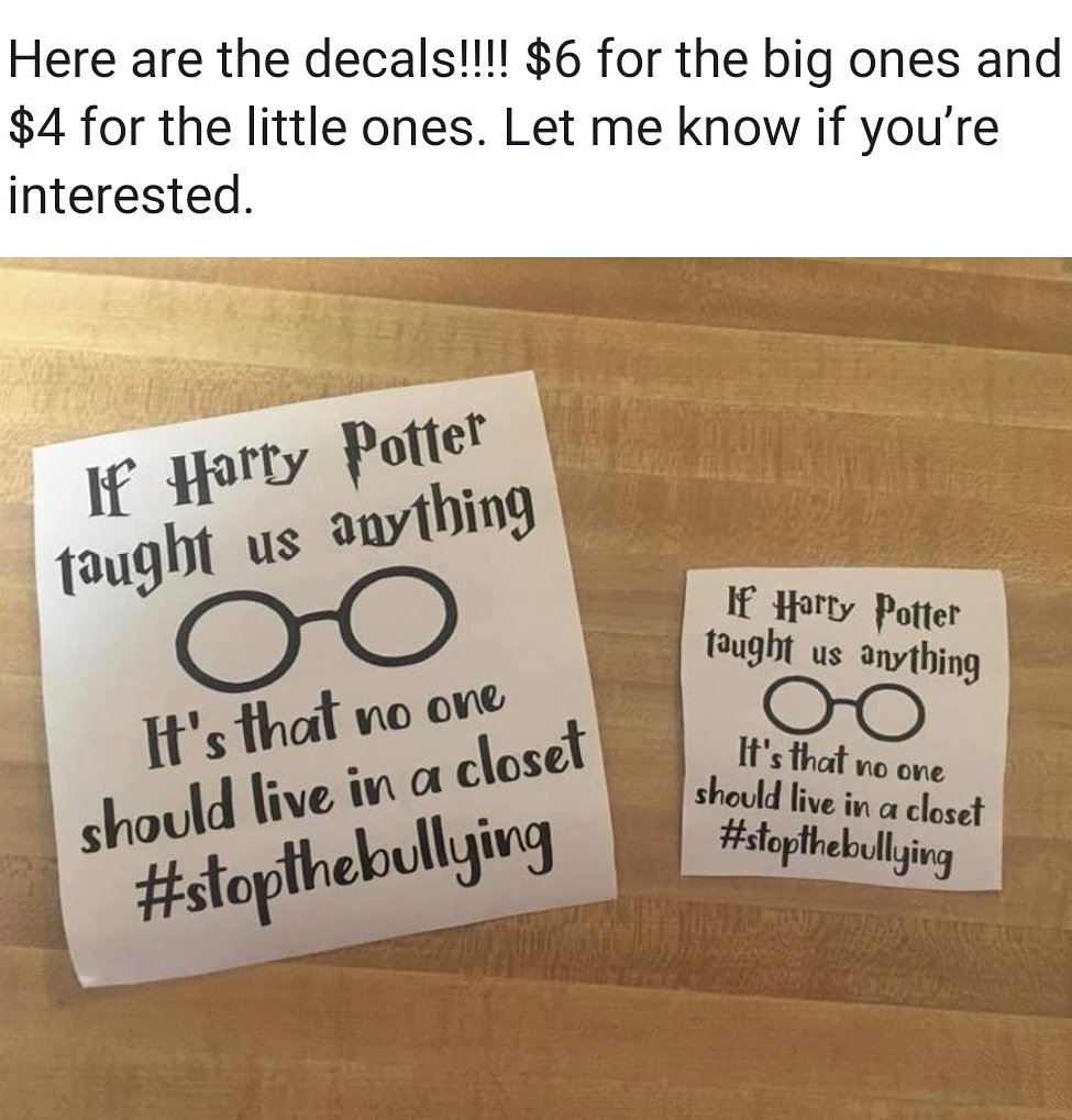 NikkiC614's tweet photo. A close friend of mine is selling these adorable #harrypotter decals to raise money to transfer her daughter to a new school in September (bc her daughter is being bullied relentlessly at her current school) @/DM me if youre interested in buying some! #stopbullying https://t.co/1k0ujCbU21