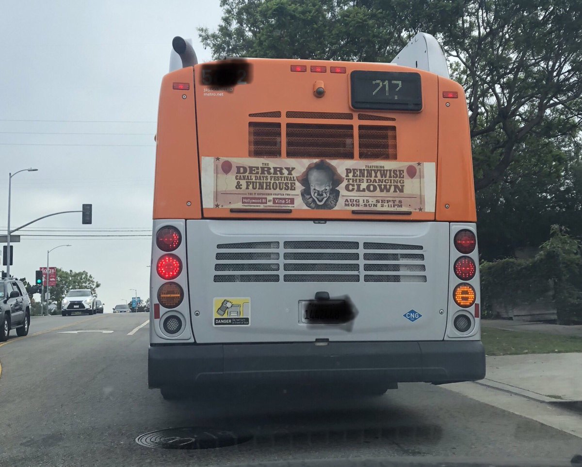 AimeeBezerra's tweet photo. Nothing like having a horrible fear of clowns and being stuck behind this #LACityBus advertisement for @ITMovieOfficial for 10 minutes on my commute this morning. Thanks #ITMovie and #LAMetro for terrorizing my morning. You totally got me! #NoSleepingTonight 😂😳🙈😵 https://t.co/V9LmM4zdXk