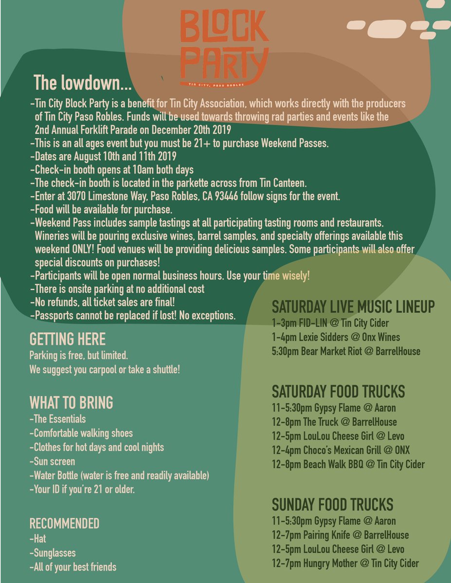 Tin City Block Party! Sat, Aug 10 -Sun, Aug 11 eventbrite.com/e/tin-city-blo… <a href="/TinCityCider/">Tin City Cider</a> <a href="/AaronWines/">Aaron Wines</a> <a href="/EttoPasta/">Etto</a> <a href="/CalizaWinery/">Caliza Winery</a> #onx <a href="/fictionwines/">Field Recordings</a> <a href="/giornatawines/">Brian Terrizzi</a> <a href="/KaleidosWine/">Kaleidos</a> <a href="/OlivasDeOro/">Olivas de Oro</a> #TOP #TheFableistWineCo #tincanteen <a href="/powellmountain/">PowellMtnCellars</a> #tincityblockparty