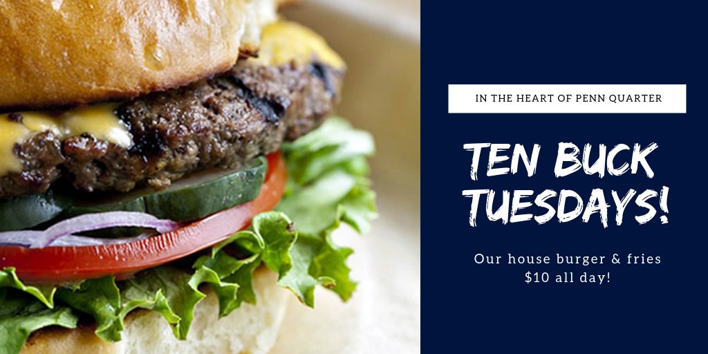 PennCommonsDC's tweet image. It's Ten Buck Tuesday! House burger &amp;amp; #fries just $10 ALL DAY! Find us: ow.ly/6q0f50vfvKM #pennquarter