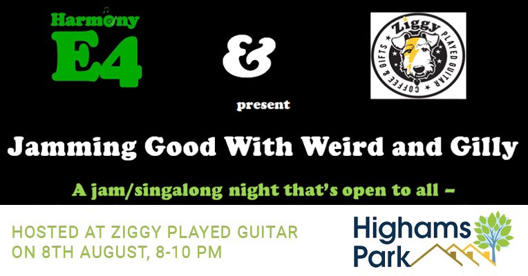 Jamming with Gilly and Weird 🙌✌🎸🎺🎷🥁🪕🎻🎹🎶😀
Local choir Harmony E4 Choir are hosting a jamming music night at Ziggy Played Guitar in Signal Walk on 8th August, 8-10 pm. 
highamspark.london/news/jamming-w… 
#Jamming @GillyandWeird <a href="/ZiggyPlayedE4/">ZiggyPlayedGuitar🎸</a> @HarmonyE4 x.com/messages/compo…