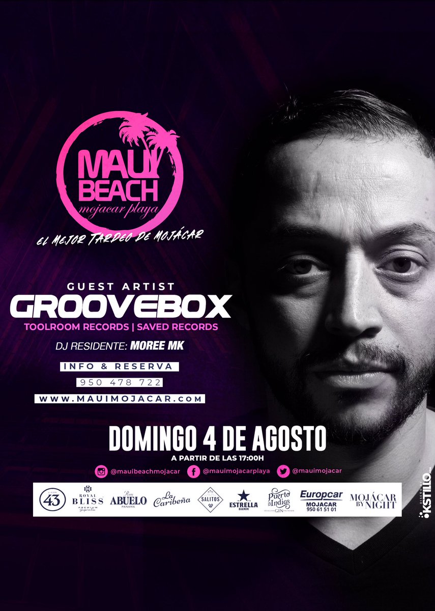 grooveboxofc's tweet photo. Excited to play this Sunday @ Maui Beach Club (Mojacar) 🇪🇸 alongside my boy Moree MK!!! 🤘🏼 #groovebox #moreemk #techhouse #mauibeach #mauibeachclub #mojacar #almeria #andalucia #spain #electronicmusic https://t.co/sh4oTarQWa