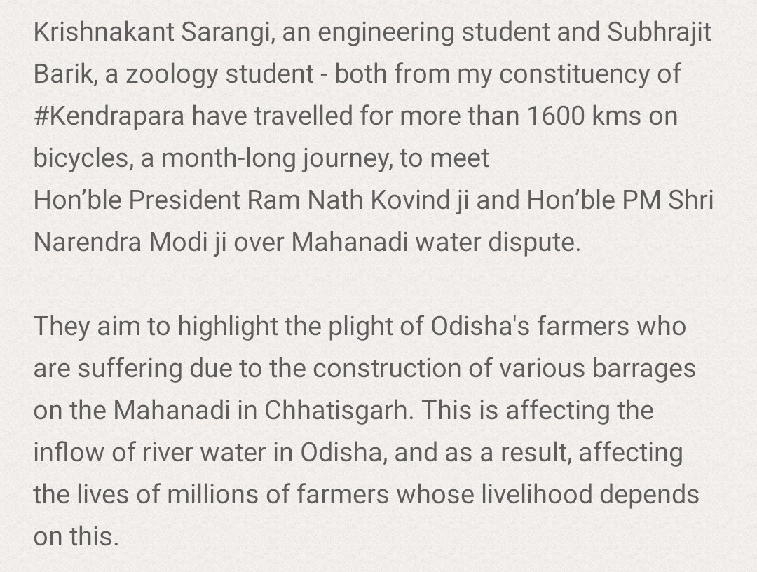 AnubhavMohanty_'s tweet photo. Proud of you, my Kendrapara brothers, Krishnakant Sarangi &amp; Subhrajit Barik, who traveled more than 1600 km on bicycles to meet Hon’ble President @rashtrapatibhvn &amp; Hon’ble PM @narendramodi ji about #Odisha Mahanadi water dispute. My humble request - plz meet these boys. More ⬇️ https://t.co/zqgOu43Nb1