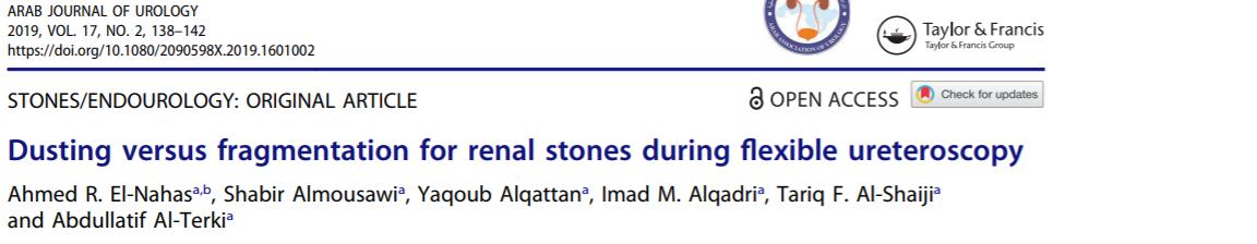 Dusting had a significantly shorter operation time, whilst the fragmentation technique had a significantly better stone-free rate. Both techniques have comparable safety, hospital stay and requirement for secondary procedures.
buff.ly/2ymuNhZ