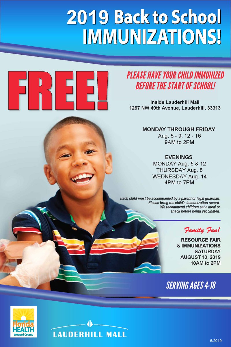 FREE 2019 Back to School Immunizations will be available at the Lauderhill Mall Monday through Friday, August 5-9 and 12-16 from 9AM - 2PM. #FREE #Immunizations #Back2School #TuesdayMotivation
<a href="/FLHealthBroward/">FLHealthBroward</a>