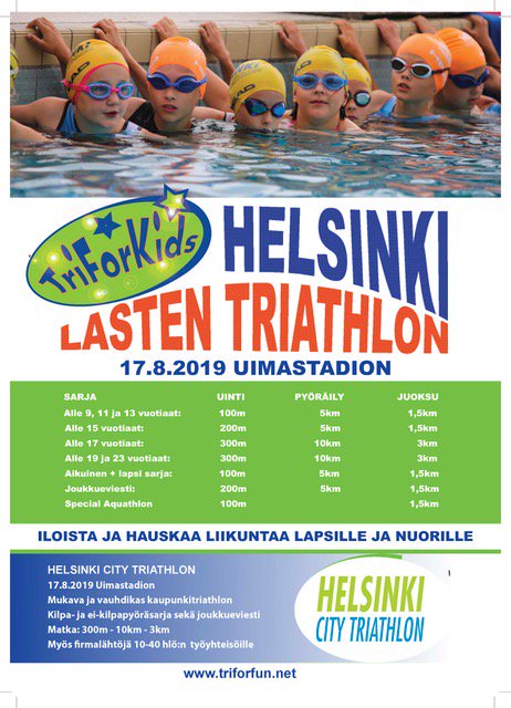Helsinki City Triathlon 17.8 Uimastadionilla.
Seuraava maksuporras vaihtuu 31.7
triforfun.net

Hki City Triathlon on upea, rentohenkinen kisa niin triathlonin ensikertalaisille kuin kokeneillekin konkareille.

Haasta mukaan myös ystäväsi, naapurisi ja työkaverisi.