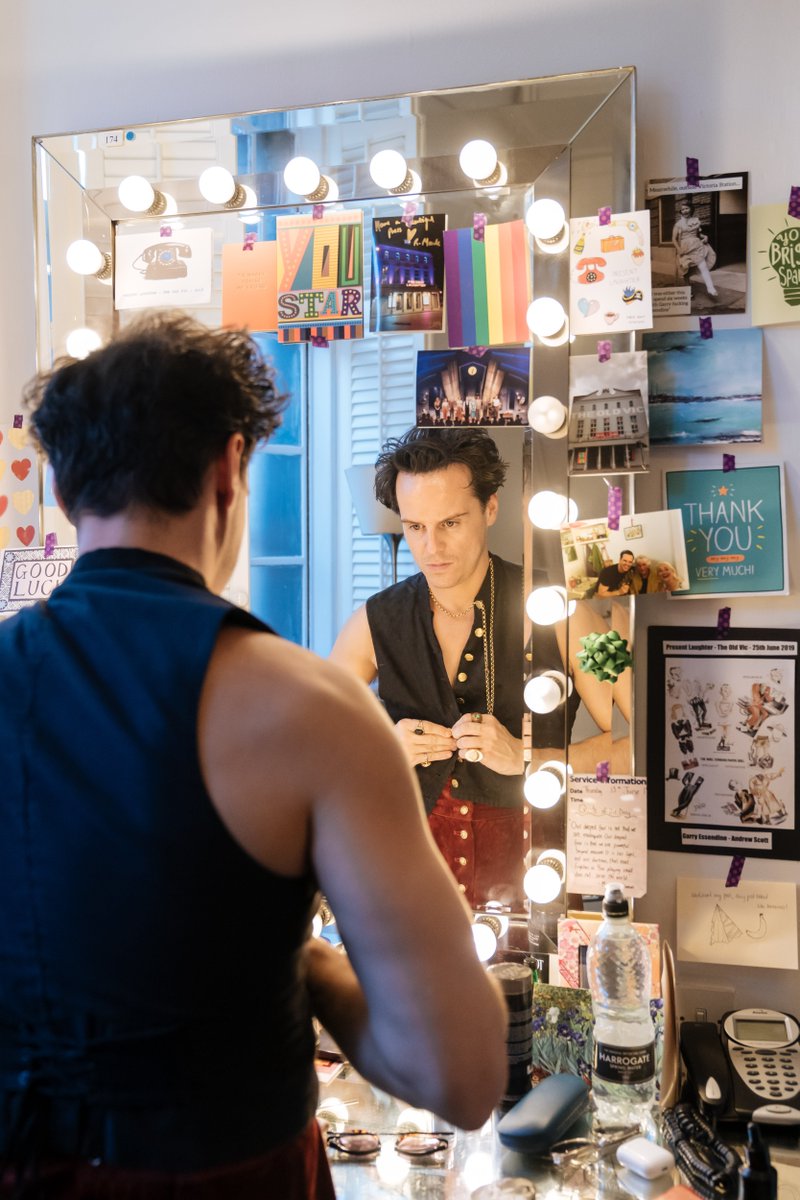 oldvictheatre's tweet photo. Getting in the zone before being rudely awakened from a deep, deep sleep by everyone screaming like banshees... #PresentLaughter https://t.co/BUaiviOOVv https://t.co/OpkmsDJ08a