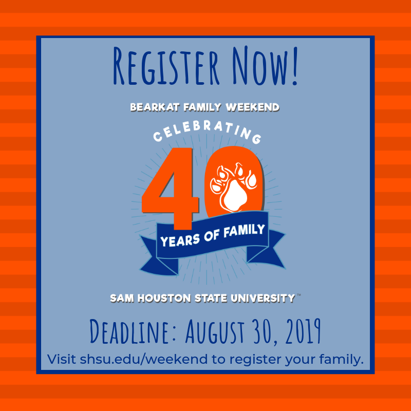 BearkatParents's tweet photo. Bearkat Family Weekend is approaching quickly! The August 30th registration deadline is only ONE MONTH away! Visit https://t.co/mf7GgSvnRV to register your family today. We look forward to seeing you September 20-22, 2019 to Celebrate 40 Years of Family!! https://t.co/quDZ88CU3a