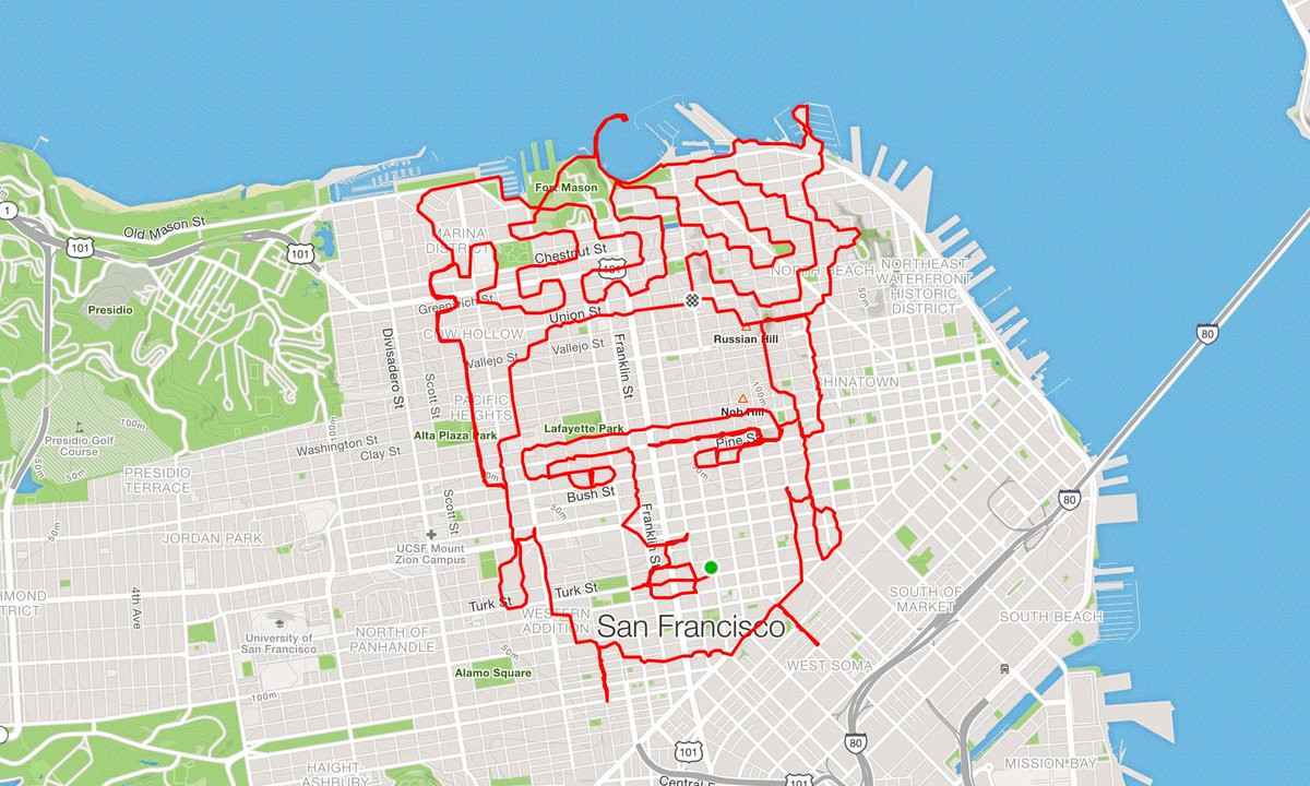 ajplusespanol's tweet photo. ¿Correr y crear al mismo tiempo?  🏃‍♂️🎨

Lenny Maughan convirtió sus rutas de carrera en arte, eligiendo caminos que cuando se ven en un mapa forman ilustraciones. Desde Frida Kahlo hasta a un gato han cubierto las calles de San Francisco. https://t.co/UK6j5j0ncB