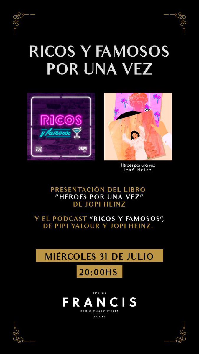 jopiheinz's tweet photo. Esto es mañana en Francis y va a estar re bueno. Con @pipiyalour presentamos oficialmente Ricos y Famosos, y también vamos a charlar un poco de Héroes por una vez. Negronis a 100 pe toda la noche, vengan 😍 https://t.co/R9tJVdf5P2