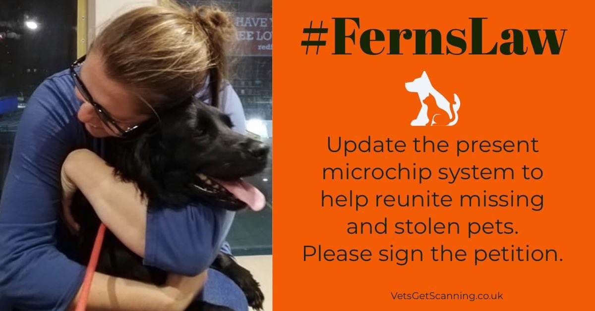 JustineQuirk's tweet image. @VetsGetScanning are calling for a change to our microchip laws. If a #dog is stolen &amp;amp; sold on its currently not law for it to be scanned the 1st time it sees a vet, preventing it being reunited with a distraught family. PLS SIGN #FernsLaw #CheckTheChip 🐾 bit.ly/FernsLaw