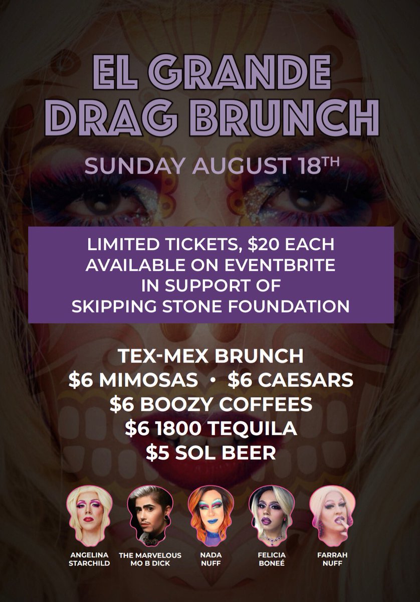 Come check out a new drag brunch in town! El Grande Drag Brunch at @BlancoYYC on August 18th, benefitting @skippingstoneca! Only 80 tickets available. Gets yours quick! #yyc #calgary facebook.com/events/3001935…