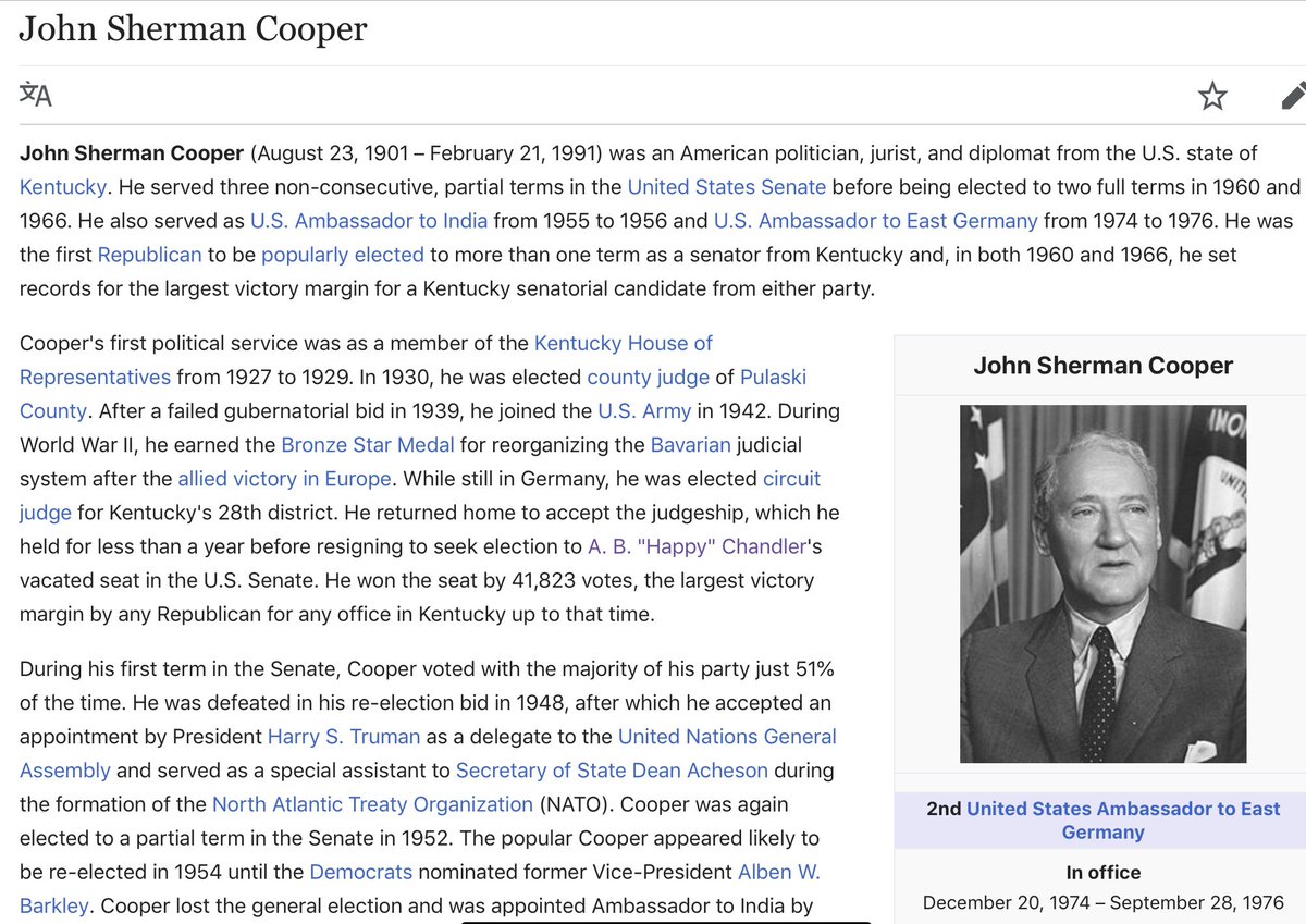 At the same time, John Sherman Cooper entered the picture. He’s been a jurist, and Ambassador to India and also East Germany. He was also Republican. So when Happy Chandler vacated his seat to become Commissioner of Baseball, he sought election for that seat.5/