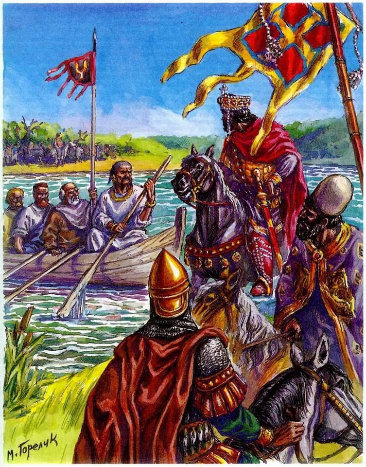 Meeting of the Roman Emperor Ioannes I Tsimiskes with Svyatoslav I Igorevitch of the Rus (Prince of Kiev) in July 971 in Danube. Svyatoslav agreed to abandon the Balkans and swore by the gods Perun and Veles.
Artwork by Mikhail Gorelik.