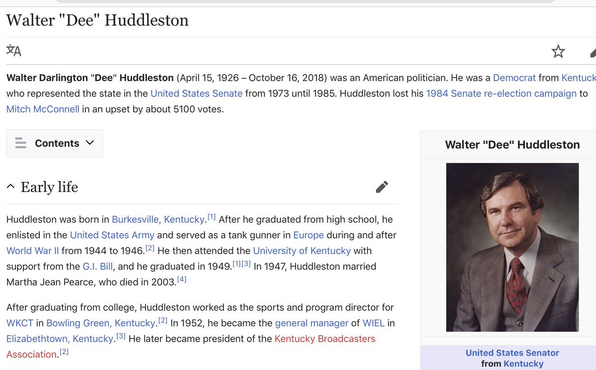 Up comes Walter “Dee” Huddleston, a Democrat from KY who ran for the vacated seat of Mr. John Sherman Cooper. He won that election and served in the KY Senate from 1973 - 1985. In 1984 he lost his re-election bid to  #MoscowMitchMcConnell11/