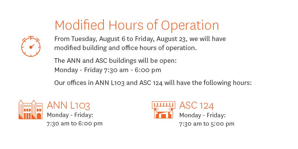 ASCJTechOps's tweet image. From Tuesday, August 6 to Friday, August 23, we will have modified building and office hours of operation #ascj