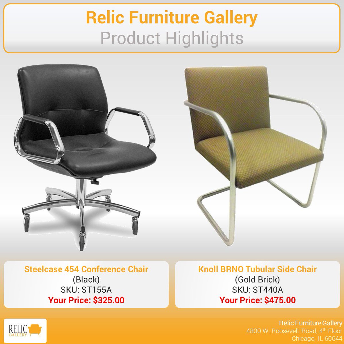 RelicGallery's tweet photo. Shop the Steelcase 454 Conference Chair and Relic BRNO side chair today in our showroom! These classy and comfortable seating options will personality and life to any space. https://t.co/pvqgmzgqq8