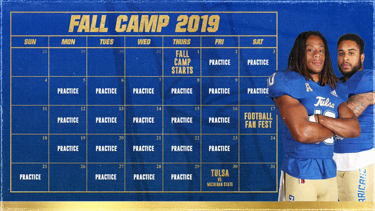 TulsaFootball's tweet photo. The team reports tomorrow & camp starts on Thursday.
FOOTBALL 👏 IS 👏 HERE 👏
#ReignCane 👑🌀 #ForOurCity https://t.co/Ph3QfUrL0e