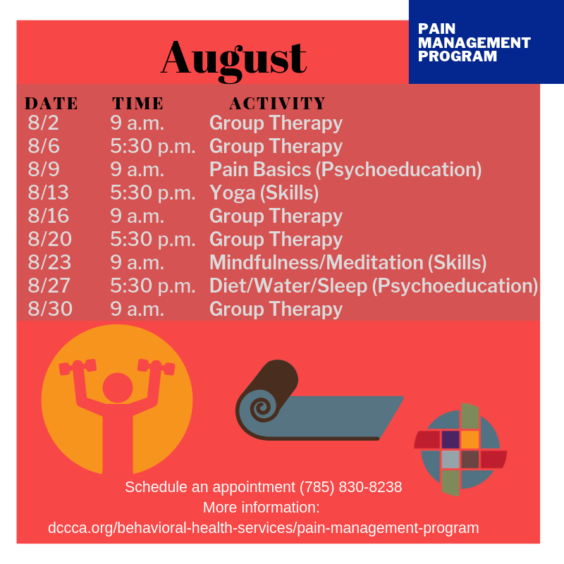 DCCCAInc's tweet photo. DCCCA's Behavioral Health Services has created a Pain Management Program aimed at clients undergoing persistent pain symptoms. Check out the August schedule and learn more about the program: https://t.co/HtbOaf4H2b https://t.co/PuAX2A0Rh3
