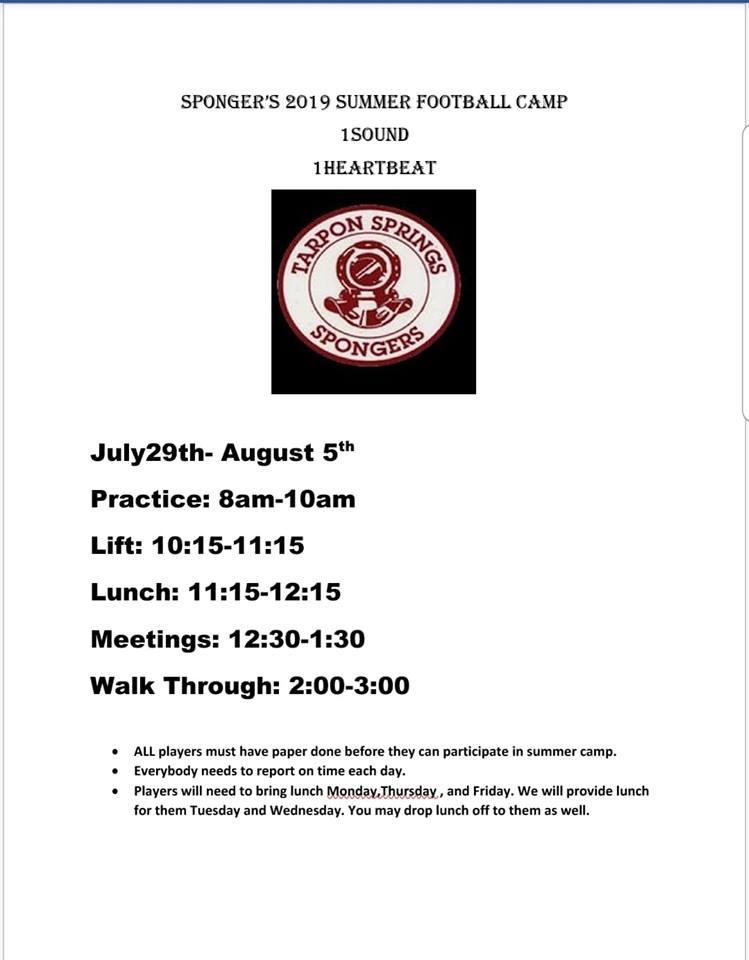 Its that time of year!! Calling all 9th-12th graders that will be attending Tarpon High Scool this year. Summer Camp will begin Monday July 29th. Come join the brother as we prepare for a successful season. 

It's the Sponger Way!! 
Coach Hill