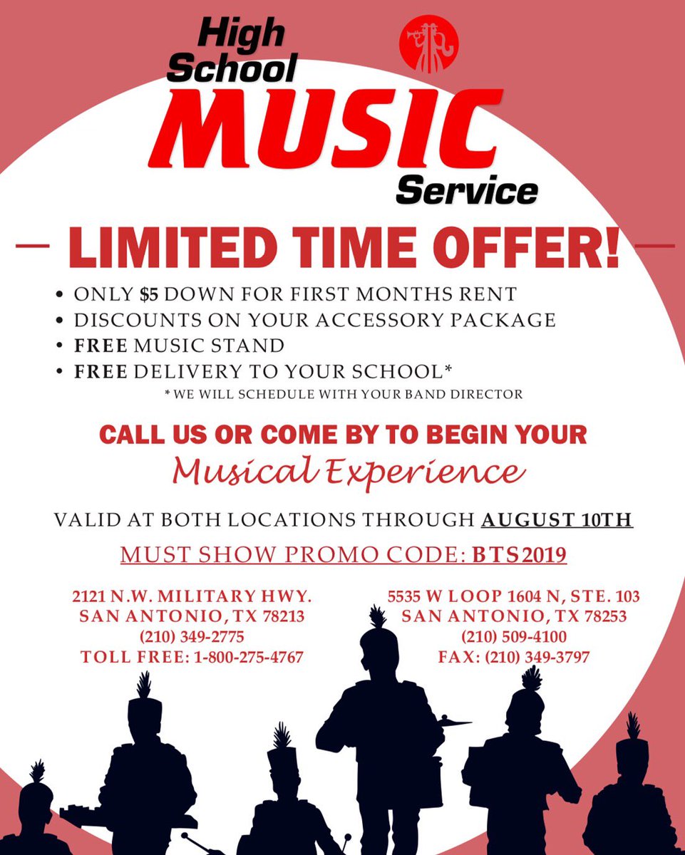HSMusicService's tweet image. Back to School Limited Time Offer‼️

Tell us the promo code to receive this great deal! 🤩

Until August 10th ONLY!
#limitedtimeoffer #deal #BackToSchool2019 #promocode #music #SanAntonio #hsms #free