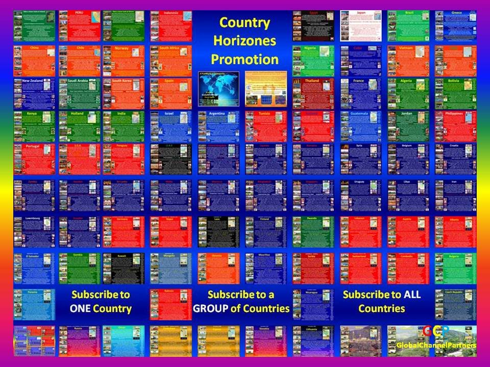 Subscribe to Global Horizones ONE - GROUP – ALL. Tuesday 30th July 2019. Find Out More On: bit.ly/2ZjHbLC
Discover YOUR opportunities.Subscribe to ONE Country - Subscribe to a GROUP of Countries - Subscribe to ALL countries.