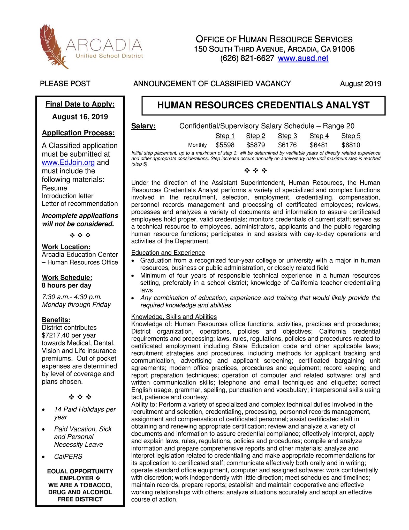 Arcadia Unified on Twitter: "We're looking for a Human Resources  Credentials Analyst! Share and tag with someone who would put the “HR” in  “hire” and who would help our world-class team #ImagineInquireInspire